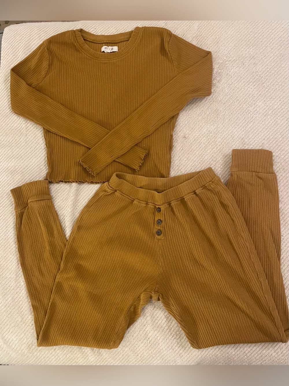 Madewell Women's Fitted, 100% Cotton, Ribbed Pajama Set in Mustard Brown